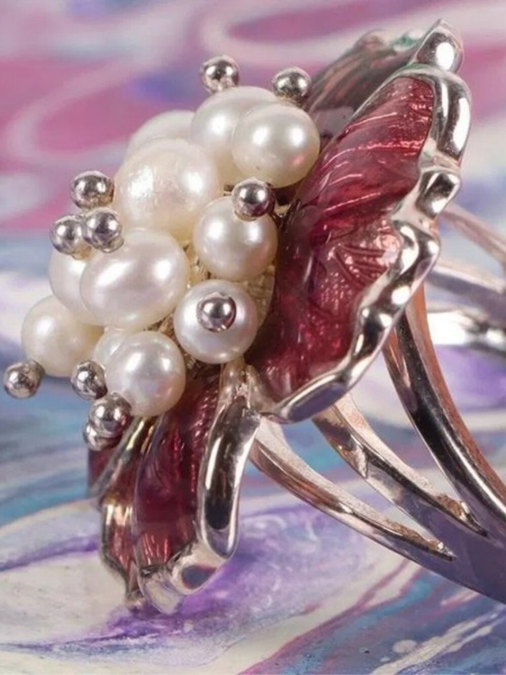 STUNNING DESIGNER STERLING SILVER RING MAROON ENAMEL PETALS FLOAT PEARLS SZ 8